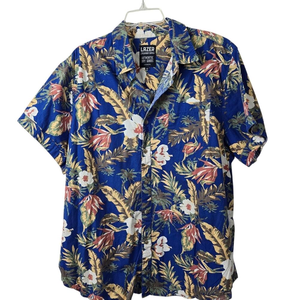 Lazer LZR Garment Co. Blue Floral Bohemian Tropical Aloha Button Down Shirt XL